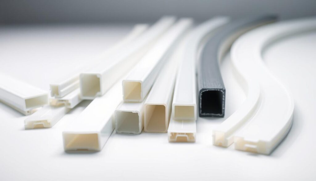 A high-quality, detailed image of a variety of rigid-flexible PVC shower door seals in a well-lit studio setting. The seals are shown in various profiles, textures, and colors, arranged neatly on a clean, white surface. The lighting is soft and diffused, highlighting the subtle contours and translucent qualities of the materials. The camera angle provides a clear, informative perspective, allowing the viewer to examine the technical characteristics of the seals. The overall mood is professional and educational, showcasing the versatility and applications of these specialized PVC products.