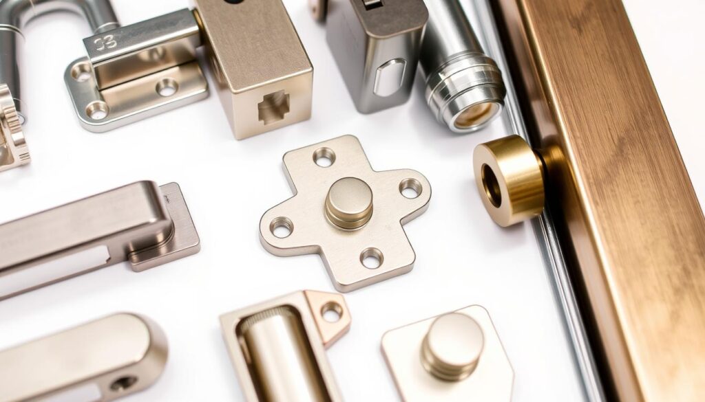 A high-quality, detailed photograph of various metal door hardware and fittings including hinges, handles, locks, and other fixtures. The items are shown in close-up, with a clean white background that allows the textures, finishes, and intricate designs to stand out. The lighting is soft and even, highlighting the sheen and luster of the metal components. The image conveys a sense of craftsmanship, durability, and premium quality, reflecting the description of "Beschläge, Scharniere und Profile: Qualität, Farben, Materialien" for a high-end glass shower door product. A high-quality, detailed photograph of various metal door hardware and fittings including hinges, handles, locks, and other fixtures. The items are shown in close-up, with a clean white background that allows the textures, finishes, and intricate designs to stand out. The lighting is soft and even, highlighting the sheen and luster of the metal components. The image conveys a sense of craftsmanship, durability, and premium quality, reflecting the description of "Beschläge, Scharniere und Profile: Qualität, Farben, Materialien" for a high-end glass shower door product.