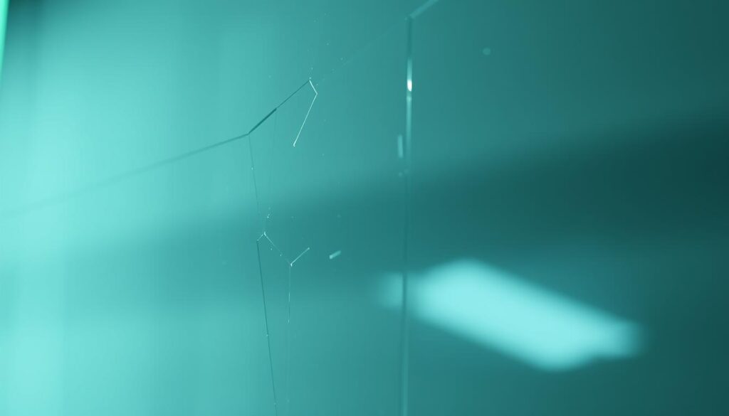 A high-quality, finely detailed close-up view of a sheet of einscheibensicherheitsglas (ESG) made of tempered safety glass. The glass appears translucent yet sturdy, with a slight distortion in the surface that creates an intriguing visual effect. Bright, directional lighting from the side casts dramatic shadows, highlighting the glass's thickness and strength. The composition is tight, filling the frame and emphasizing the material's structural integrity and resistance to breakage. The overall mood is one of industrial elegance, showcasing the sophisticated engineering and safety features of this specialized architectural glass. A high-quality, finely detailed close-up view of a sheet of einscheibensicherheitsglas (ESG) made of tempered safety glass. The glass appears translucent yet sturdy, with a slight distortion in the surface that creates an intriguing visual effect. Bright, directional lighting from the side casts dramatic shadows, highlighting the glass's thickness and strength. The composition is tight, filling the frame and emphasizing the material's structural integrity and resistance to breakage. The overall mood is one of industrial elegance, showcasing the sophisticated engineering and safety features of this specialized architectural glass.