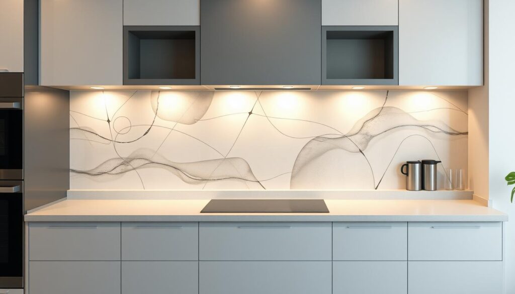 A high-quality glass backsplash in a modern kitchen, showcasing an abstract, artistic motif. Soft, diffused lighting illuminates the surface, creating a warm, inviting ambiance. The design features a harmonious blend of geometric shapes and organic patterns, offering a visually captivating and customizable backdrop for the kitchen countertop and appliances. The composition balances simplicity and sophistication, with a matte, non-reflective finish that complements the overall kitchen aesthetic. The backsplash seamlessly integrates with the surrounding cabinetry and flooring, creating a cohesive and visually appealing space. A high-quality glass backsplash in a modern kitchen, showcasing an abstract, artistic motif. Soft, diffused lighting illuminates the surface, creating a warm, inviting ambiance. The design features a harmonious blend of geometric shapes and organic patterns, offering a visually captivating and customizable backdrop for the kitchen countertop and appliances. The composition balances simplicity and sophistication, with a matte, non-reflective finish that complements the overall kitchen aesthetic. The backsplash seamlessly integrates with the surrounding cabinetry and flooring, creating a cohesive and visually appealing space.