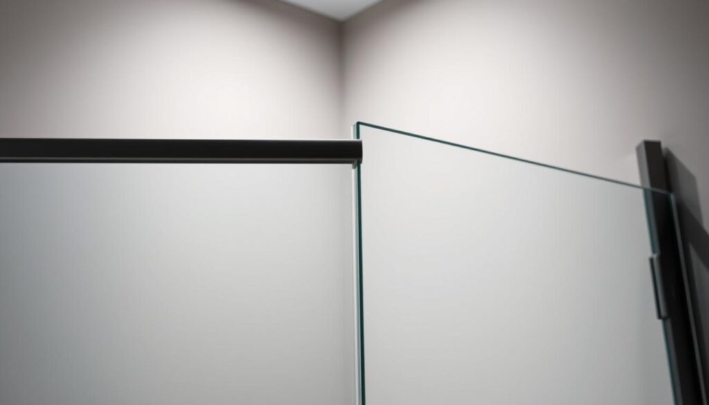 A high-quality glass shower door with a precise, tight-fitting seal, illuminated by soft, diffused lighting from above. The sleek, transparent glass panels are framed by a slim, metal profile in a matte black finish, creating a minimalist, contemporary aesthetic. The seal, made of a durable, flexible material, is seamlessly integrated into the door's design, forming a tight, water-resistant barrier to prevent leaks and drafts. The overall composition conveys a sense of elegant functionality, showcasing the importance of a well-engineered door seal in maintaining the practical and visual appeal of a glass shower enclosure. A high-quality glass shower door with a precise, tight-fitting seal, illuminated by soft, diffused lighting from above. The sleek, transparent glass panels are framed by a slim, metal profile in a matte black finish, creating a minimalist, contemporary aesthetic. The seal, made of a durable, flexible material, is seamlessly integrated into the door's design, forming a tight, water-resistant barrier to prevent leaks and drafts. The overall composition conveys a sense of elegant functionality, showcasing the importance of a well-engineered door seal in maintaining the practical and visual appeal of a glass shower enclosure.