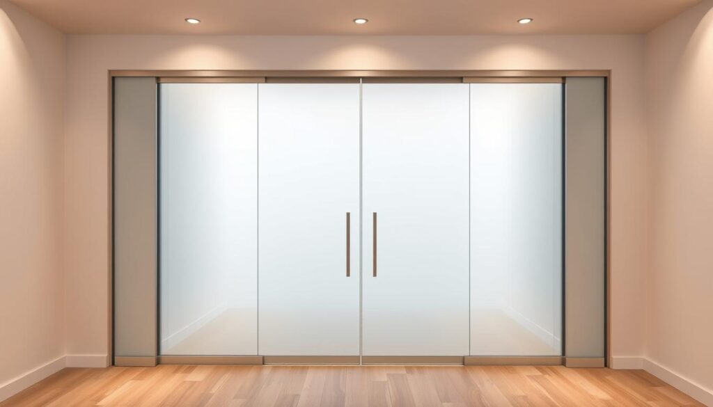 A high-quality glass sliding door in a sleek, modern interior. The frame is seamlessly integrated into the wall, creating a minimalist, streamlined look. The door panels are made of thick, tempered glass that appears crystal clear, allowing an unobstructed view of the room beyond. Soft, diffused lighting from concealed sources casts a warm glow, highlighting the transparency and clean lines of the glass. The door's height is precisely tailored to the room, maximizing the sense of openness and spaciousness. Subtle metal hardware in a brushed finish complements the glass, contributing to the overall sophisticated aesthetic. The scene conveys a sense of effortless elegance and attention to detail.