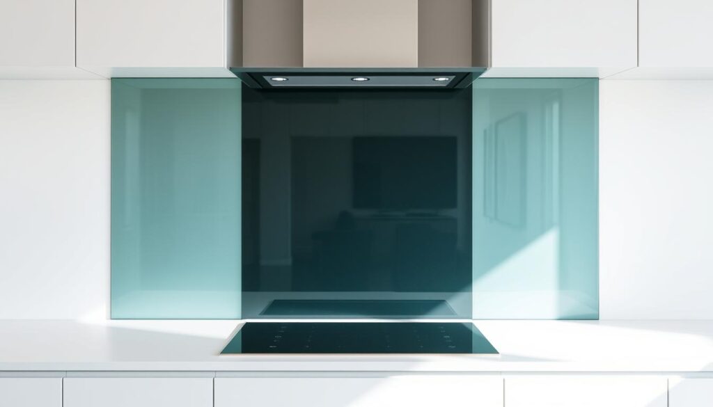 A high-quality glass splashback in a modern kitchen, captured in a crisp, well-lit studio setting. The glass surface reflects the surrounding environment, creating a sense of depth and transparency. The edges are meticulously finished, showcasing the attention to detail. The frame, if present, is sleek and minimalist, allowing the glass to be the focal point. Soft, diffused lighting from the side accentuates the glass's clarity and highlights any subtle textures or patterns. The background is simple and uncluttered, placing the splashback in the center of the frame, ready to be customized to the user's preferences.