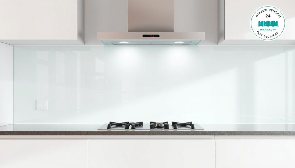 A high-quality glass splashback set against a bright, modern kitchen interior. The glass gleams with a smooth, glossy finish, offering robust protection from water and grease splatter. Soft, even lighting highlights the transparency and clarity of the glass, creating a sleek, premium aesthetic. The splashback is framed by clean, minimalist cabinetry in a neutral tone, complementing the glass with a harmonious, cohesive design. The overall scene conveys a sense of quality, durability, and efficient functionality - reflecting the reliable service, warranty, and fast delivery promised by Glastuerhop24.