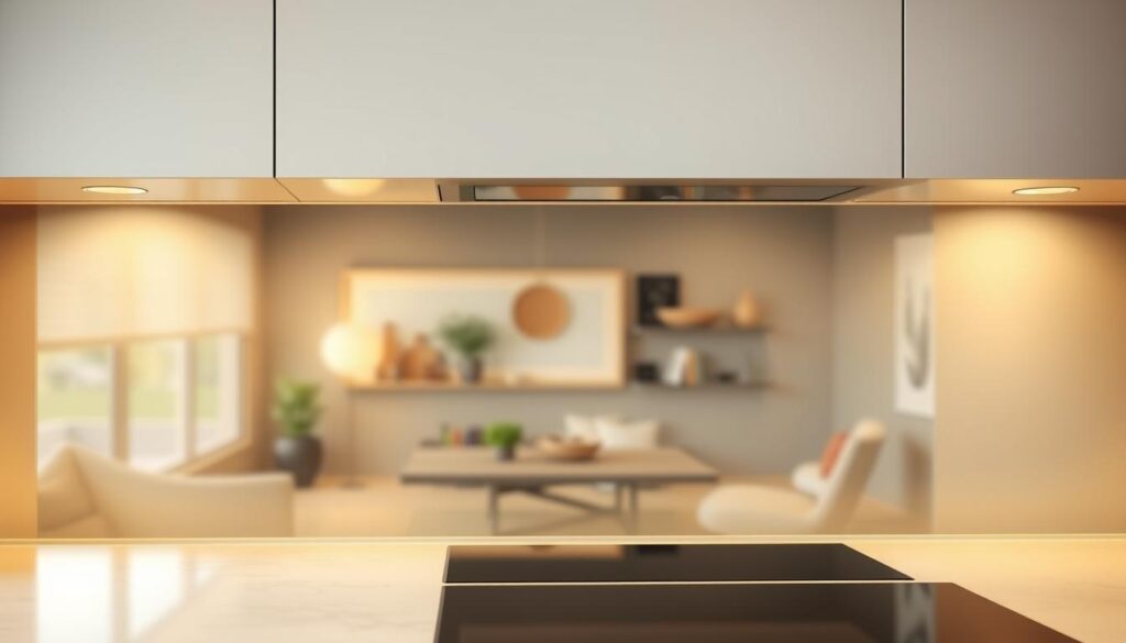 A high-quality, glass splashback set against a modern kitchen interior. The splashback has a sleek, seamless design, with a smooth, reflective surface that catches the warm, soft lighting from above. The middle ground features a stylish, minimalist kitchen layout with clean lines and a neutral color palette, creating a calm, serene atmosphere. In the background, a blurred view of a cozy living space, with hints of natural textures and earthy tones, adding depth and a sense of coziness to the scene. The image conveys a sense of refined sophistication and attention to detail, perfectly suited for a premium glass splashback solution. A high-quality, glass splashback set against a modern kitchen interior. The splashback has a sleek, seamless design, with a smooth, reflective surface that catches the warm, soft lighting from above. The middle ground features a stylish, minimalist kitchen layout with clean lines and a neutral color palette, creating a calm, serene atmosphere. In the background, a blurred view of a cozy living space, with hints of natural textures and earthy tones, adding depth and a sense of coziness to the scene. The image conveys a sense of refined sophistication and attention to detail, perfectly suited for a premium glass splashback solution.
