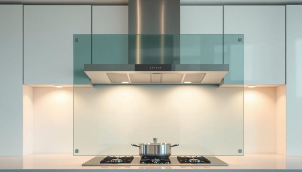 A high-quality glass splatter guard set against a clean, modern kitchen backdrop. The glass panel features a sleek, minimalist design with a subtle sheen, reflecting the warm, ambient lighting. The frame is crafted from durable, brushed stainless steel, seamlessly integrating with the kitchen's appliances and countertops. Carefully positioned to showcase the premium materials and precise engineering, the image emphasizes the splatter guard's functional elegance and ability to protect the cooking area. The overall scene conveys a sense of sophistication, practicality, and attention to detail, aligning with the "Preise, Versand & Service" section of the article.