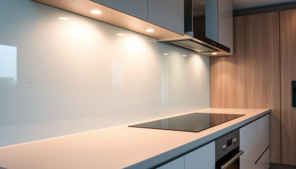 A high-quality kitchen backsplash made of tempered glass, reflecting the sleek and modern design of a contemporary kitchen. The glass surface is smooth and shiny, catching the warm, indirect lighting from overhead fixtures. The backsplash runs along the countertop, extending to the ceiling, creating a seamless, minimalist aesthetic. The glass is slightly tinted, providing a subtle hint of color that complements the neutral tones of the kitchen cabinets and appliances. The backsplash is free of any visible seams or joints, giving the impression of a single, uninterrupted plane of glass. The overall scene conveys a sense of elegance, functionality, and attention to detail in the kitchen design. A high-quality kitchen backsplash made of tempered glass, reflecting the sleek and modern design of a contemporary kitchen. The glass surface is smooth and shiny, catching the warm, indirect lighting from overhead fixtures. The backsplash runs along the countertop, extending to the ceiling, creating a seamless, minimalist aesthetic. The glass is slightly tinted, providing a subtle hint of color that complements the neutral tones of the kitchen cabinets and appliances. The backsplash is free of any visible seams or joints, giving the impression of a single, uninterrupted plane of glass. The overall scene conveys a sense of elegance, functionality, and attention to detail in the kitchen design.