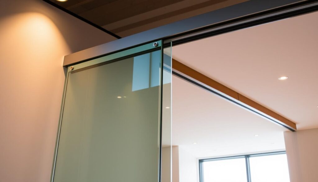 A high-quality, luxurious glass sliding door system in a modern, minimalist style. A sleek, frameless glass panel glides effortlessly along a precision-engineered track, bathed in warm, directional lighting that accentuates the transparent materiality. The door is mounted within a crisp, clean-lined architectural setting, perhaps a loft or open-concept living space, allowing natural light to flood the interior. The overall impression is one of elegant simplicity, sophistication, and functionality - a seamless integration of form and function that would elevate any interior design. A high-quality, luxurious glass sliding door system in a modern, minimalist style. A sleek, frameless glass panel glides effortlessly along a precision-engineered track, bathed in warm, directional lighting that accentuates the transparent materiality. The door is mounted within a crisp, clean-lined architectural setting, perhaps a loft or open-concept living space, allowing natural light to flood the interior. The overall impression is one of elegant simplicity, sophistication, and functionality - a seamless integration of form and function that would elevate any interior design.