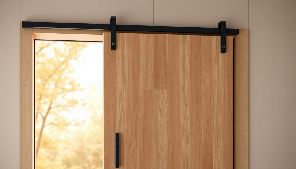A high-quality, minimalist wooden sliding door kit set against a warm, natural background. The sliding door features a sleek, modern design with a smooth, brushed oak finish. The frame and hardware are made of durable, high-grade metal in a matte black or bronze tone, seamlessly integrated for a cohesive, streamlined look. Soft, diffused lighting from above casts a gentle glow, highlighting the wood's rich texture and grain. The scene conveys a sense of sophistication and understated elegance, perfect for a contemporary living space or home office. A high-quality, minimalist wooden sliding door kit set against a warm, natural background. The sliding door features a sleek, modern design with a smooth, brushed oak finish. The frame and hardware are made of durable, high-grade metal in a matte black or bronze tone, seamlessly integrated for a cohesive, streamlined look. Soft, diffused lighting from above casts a gentle glow, highlighting the wood's rich texture and grain. The scene conveys a sense of sophistication and understated elegance, perfect for a contemporary living space or home office.