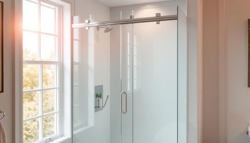 A high-quality, modern shower door made of tempered glass, showcased in a bright, airy bathroom setting. The door features clean, minimalist lines and a seamless, frameless design, allowing for maximum visibility and a sense of openness. Warm, natural lighting filters in through large windows, casting a soft, diffused glow across the scene. The door's polished chrome hardware gleams, complementing the room's elegant, contemporary aesthetic. The overall atmosphere is one of sophistication, functionality, and a touch of luxury, perfectly capturing the essence of a top-of-the-line, custom-made shower door.