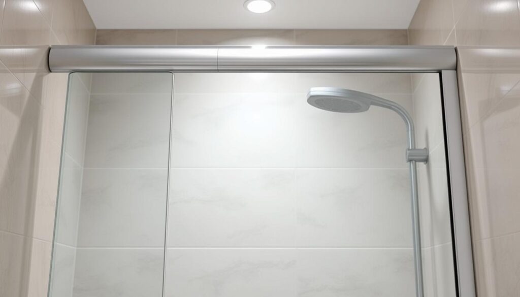 A high-quality shower door seal, perfectly contoured to fit the unique dimensions of the shower frame. The duschtür dichtung is crafted from durable, flexible material that provides a seamless barrier against water leaks, ensuring a dry and comfortable showering experience. The seal is installed with precision, blending seamlessly into the surrounding hardware for a sleek, integrated look. Soft, neutral tones complement the modern, minimalist aesthetic of the shower enclosure, while subtle textures add visual interest. Carefully lit from above, the duschtür dichtung is showcased in a clean, well-lit setting, highlighting its superior craftsmanship and functionality.