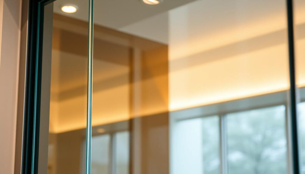 A high-quality, tempered glass panel in a sleek, modern design, illuminated by soft, warm lighting from above. The glass surface reflects the surrounding environment, creating a sense of depth and transparency. The edges of the glass are smooth and seamless, with a subtle, brushed metal frame accentuating the elegant, minimalist aesthetic. The entire composition exudes a sense of safety, security, and attention to detail, perfectly suited for a custom glass sliding door. A high-quality, tempered glass panel in a sleek, modern design, illuminated by soft, warm lighting from above. The glass surface reflects the surrounding environment, creating a sense of depth and transparency. The edges of the glass are smooth and seamless, with a subtle, brushed metal frame accentuating the elegant, minimalist aesthetic. The entire composition exudes a sense of safety, security, and attention to detail, perfectly suited for a custom glass sliding door.