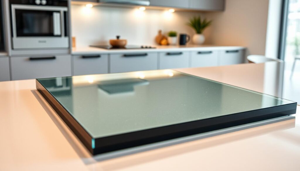 A high-quality tempered safety glass (ESG) panel rests on a sleek, modern kitchen counter. The glass surface reflects the warm, indirect lighting from above, creating a subtle shimmer. The material appears sturdy yet refined, with a slight textural pattern that adds visual interest. In the background, a clean, minimalist kitchen environment provides a serene, uncluttered backdrop, allowing the glass panel to take center stage. The overall scene conveys a sense of German engineering precision, quality craftsmanship, and timeless design.