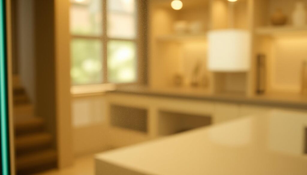 A high-quality tempered safety glass panel, its surface shimmering with a subtle luster under the warm, even lighting. The glass appears thick and durable, with a seamless, flawless finish that suggests exceptional quality and craftsmanship. Reflected in the glass, we glimpse the soft, diffused highlights of the surroundings, hinting at its versatility and suitability for kitchen applications. The image conveys a sense of strength, reliability, and the protection offered by this specialty glass, perfectly aligning with the section's focus on "Material & Qualität: ESG-Sicherheitsglas für maximale Robustheit".