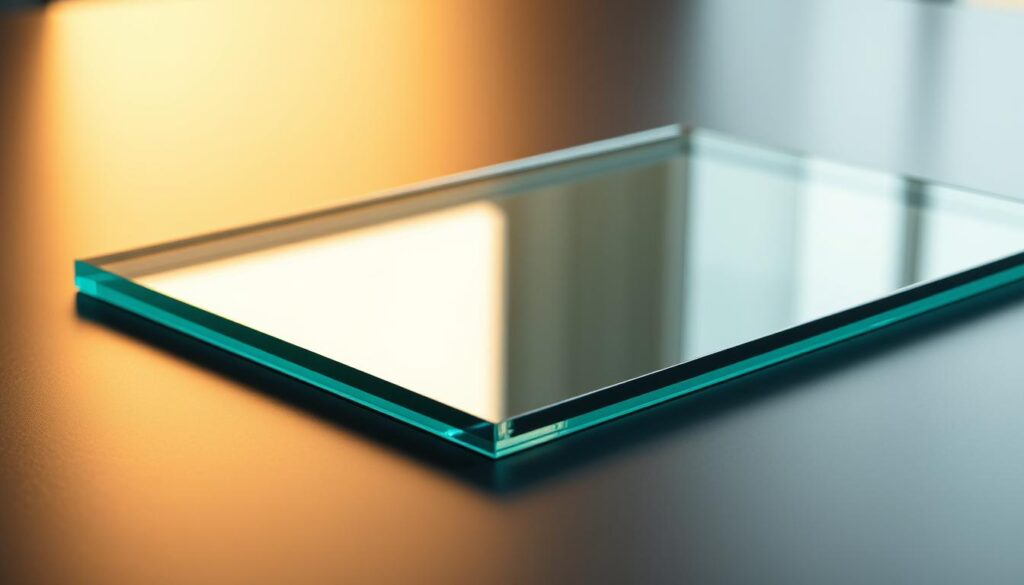 A high-quality, tempered safety glass panel resting on a sleek, minimalist black surface. The glass refracts the warm, indirect lighting, casting a soft, diffused glow. The material appears thick and sturdy, with a smooth, flawless surface that conveys a sense of durability and reliability. Subtle reflections on the glass create depth and dimensionality, while the overall composition emphasizes the glass's structural integrity and practical applications in kitchen settings. The lighting and camera angle showcase the glass's transparency and temperature resistance, hinting at its suitability for use as a protective splash guard or sliding door.