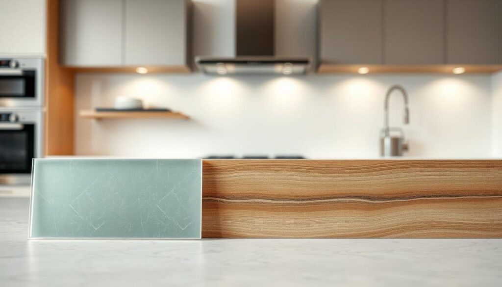 A high-quality, ultra-detailed close-up image of various construction materials for a modern kitchen backsplash. In the foreground, prominent samples of acrylic glass, high-pressure laminate (HPL), and aluminum composite panel, each showcasing their distinct textures, colors, and heat-resistant properties. The middle ground features a soft focus, allowing the materials to take center stage, while the background is a clean, minimalist studio setting with perfect, evenly distributed lighting from multiple angles to highlight the materials' dimensional qualities and reflective surfaces. The overall mood is one of sophistication, innovation, and a focus on the key features that make these materials suitable for kitchen environments.