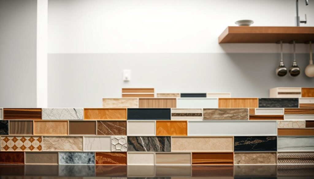 A high-quality, visually-striking image of a variety of kitchen backsplash patterns and designs, captured in a well-lit, studio-style setting. The foreground features an assortment of matte and glossy tiles in various colors, textures, and patterns, artfully arranged to showcase their visual appeal. The middle ground showcases a selection of glass panels, offering a sleek, modern alternative to traditional tile. The background is a clean, minimalist studio setup, allowing the backsplash samples to take center stage. The overall composition conveys a sense of sophistication, attention to detail, and the diverse range of options available for customizing a kitchen backsplash.