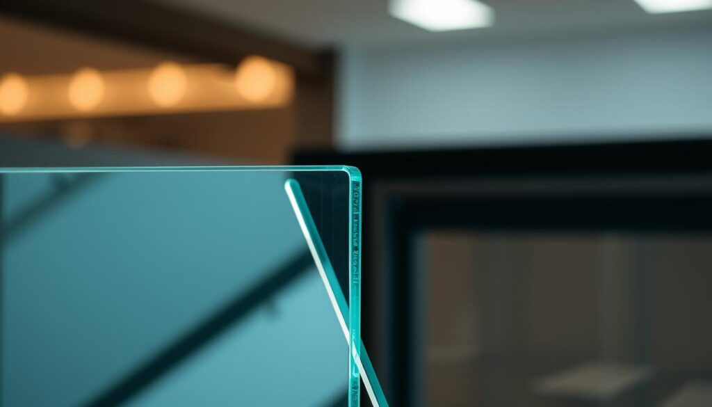 A high-quality, well-lit photograph of a piece of safety glass, showcasing its transparency, durability, and protective properties. The glass is positioned in the foreground, with a sharp focus and crisp details that highlight its smooth, uniform surface and refined edges. The middle ground features the sleek, modern frame or hardware that the glass is integrated with, emphasizing the seamless, high-end design. The background is slightly blurred, creating a sense of depth and allowing the glass to be the central focus. The overall mood is sophisticated, elegant, and conveys a strong sense of safety, security, and technological sophistication.
