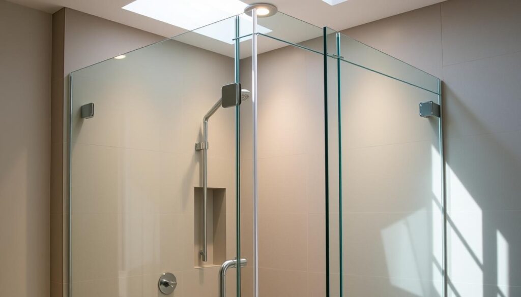 A high-quality, well-lit walk-in shower with a seamless glass enclosure, showcasing the elegant and functional design of a premium bathroom solution. The frameless glass panels create an open, spacious atmosphere, allowing natural light to flow freely. The shower features a minimalist, sleek profile with a precise, clean-cut aesthetic, complementing the refined materials and finishes. The lighting, strategically placed, casts a warm, inviting glow, enhancing the overall ambiance and functionality of this luxurious, spa-like shower experience.