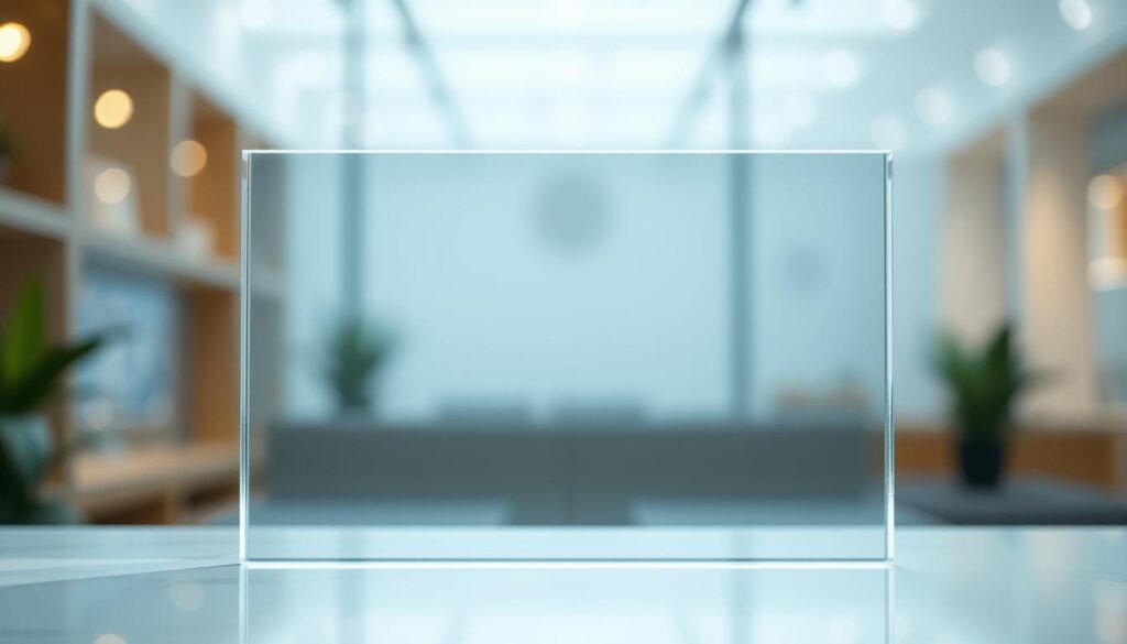 A high-resolution, photorealistic image of a clear, transparent glass panel with a smooth, flawless surface, capturing the essence of "klarglas". The panel is positioned in the foreground, showcasing its pristine clarity and elegant simplicity. The background is out of focus, creating a sense of depth and emphasis on the glass itself. Subtle ambient lighting from an unseen source gently illuminates the panel, highlighting its lustrous, reflective quality. The overall scene exudes a sense of minimalism, sophistication, and the inherent beauty of the material, perfectly encapsulating the "Glasarten und Optiken: Klarglas" section of the article. A high-resolution, photorealistic image of a clear, transparent glass panel with a smooth, flawless surface, capturing the essence of "klarglas". The panel is positioned in the foreground, showcasing its pristine clarity and elegant simplicity. The background is out of focus, creating a sense of depth and emphasis on the glass itself. Subtle ambient lighting from an unseen source gently illuminates the panel, highlighting its lustrous, reflective quality. The overall scene exudes a sense of minimalism, sophistication, and the inherent beauty of the material, perfectly encapsulating the "Glasarten und Optiken: Klarglas" section of the article.