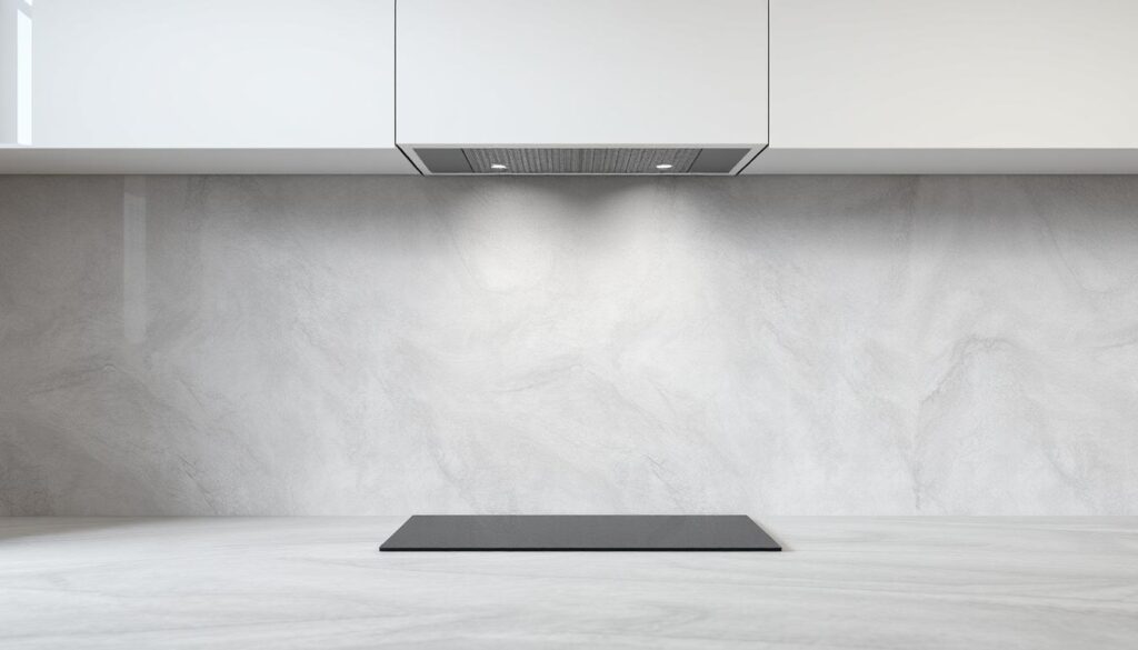A high-resolution, photorealistic image of a sleek, modern kitchen backsplash in a stunning stone-inspired texture. The surface appears to be a seamless blend of muted grays, soft whites, and subtle veining, creating a luxurious, natural-looking Steinoptik (stone-like) aesthetic. The backsplash is evenly lit from multiple angles, casting soft shadows and highlights that accentuate the depth and texture of the material. The overall composition is clean, minimal, and focused on showcasing the elegant, high-quality design of the backsplash as the central feature.