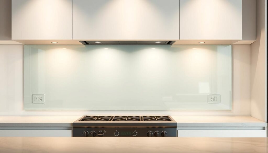 A highly detailed and photorealistic image of a kitchen splashback made of tempered glass. The glass panel is mounted on the wall, flush with the countertop. The glass has a smooth, flawless surface with a sleek, minimalist design. The glass is crystal clear, refracting and reflecting the light in a mesmerizing way. The kitchen has a modern, high-end aesthetic with stainless steel appliances and white cabinetry. Warm, diffused lighting illuminates the scene, creating a soft, inviting atmosphere. The angle of the camera captures the glass panel at an eye-level perspective, showcasing its elegant simplicity and functionality as a kitchen splashback. The image highlights the clarity, durability, and easy-to-clean properties of the glass splashback.