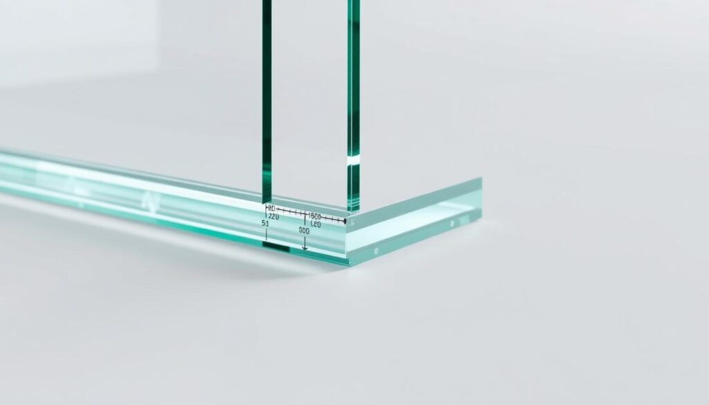 A highly detailed, close-up shot of a glass door panel, showcasing the intricate Glasstärke (glass thickness) in a clean, minimalist setting. The glass surface is rendered with exceptional clarity, highlighting its transparent yet solid nature. Crisp, even lighting from multiple angles accentuates the depth and precision of the glass' cross-section, revealing its exact measurements and material properties. The background is a simple, neutral color, allowing the glass to be the sole focus of the image. The composition is carefully balanced, drawing the viewer's attention to the essential technical details of the glass thickness, gap measurements, and overall dimensions, as required for the article's section on selecting the right glass door solutions. A highly detailed, close-up shot of a glass door panel, showcasing the intricate Glasstärke (glass thickness) in a clean, minimalist setting. The glass surface is rendered with exceptional clarity, highlighting its transparent yet solid nature. Crisp, even lighting from multiple angles accentuates the depth and precision of the glass' cross-section, revealing its exact measurements and material properties. The background is a simple, neutral color, allowing the glass to be the sole focus of the image. The composition is carefully balanced, drawing the viewer's attention to the essential technical details of the glass thickness, gap measurements, and overall dimensions, as required for the article's section on selecting the right glass door solutions.