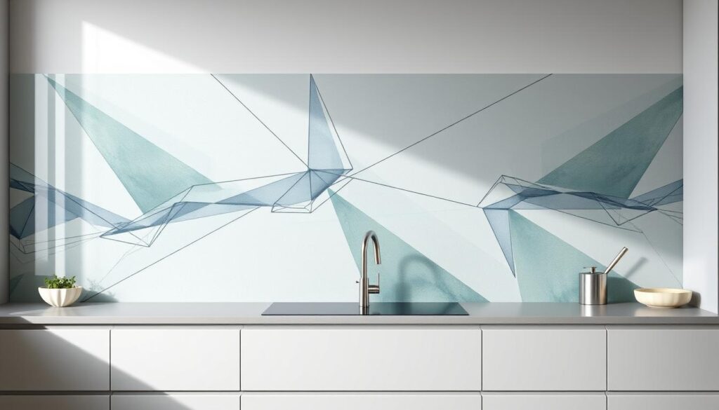 A highly detailed, photo-realistic image of a modern, minimalist kitchen backsplash made of glass. The glass is adorned with a striking abstract geometric motif in a muted color palette of soft blues, greens, and grays. The pattern is a captivating interplay of sharp angles, clean lines, and subtle gradients that create a sense of depth and movement. The glass is mounted flush against the wall, seamlessly integrated into the kitchen's sleek, contemporary design. The lighting is natural, with soft, diffused illumination that highlights the depth and texture of the glass surface. The composition places the backsplash as the central focus, framed by the surrounding kitchen elements like cabinets, countertops, and appliances, creating a harmonious and visually compelling scene. A highly detailed, photo-realistic image of a modern, minimalist kitchen backsplash made of glass. The glass is adorned with a striking abstract geometric motif in a muted color palette of soft blues, greens, and grays. The pattern is a captivating interplay of sharp angles, clean lines, and subtle gradients that create a sense of depth and movement. The glass is mounted flush against the wall, seamlessly integrated into the kitchen's sleek, contemporary design. The lighting is natural, with soft, diffused illumination that highlights the depth and texture of the glass surface. The composition places the backsplash as the central focus, framed by the surrounding kitchen elements like cabinets, countertops, and appliances, creating a harmonious and visually compelling scene.