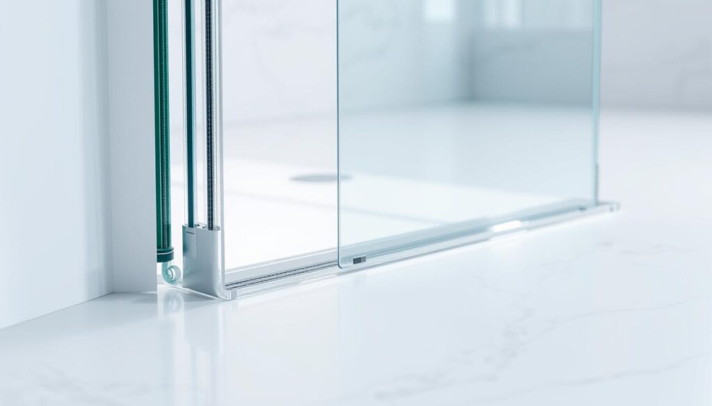 A highly detailed, photorealistic image of a glass door seal in a well-lit, modern bathroom setting. The focus is on the vertical and horizontal sealing components along the door frame and floor. Careful attention is paid to the transparent, flexible nature of the sealing material, which forms a seamless barrier against water intrusion. The lighting emphasizes the subtle contours and textures of the sealing components, showcasing their precision engineering and high-quality construction. The overall scene conveys a sense of cleanliness, sophistication, and functional design. A highly detailed, photorealistic image of a glass door seal in a well-lit, modern bathroom setting. The focus is on the vertical and horizontal sealing components along the door frame and floor. Careful attention is paid to the transparent, flexible nature of the sealing material, which forms a seamless barrier against water intrusion. The lighting emphasizes the subtle contours and textures of the sealing components, showcasing their precision engineering and high-quality construction. The overall scene conveys a sense of cleanliness, sophistication, and functional design.