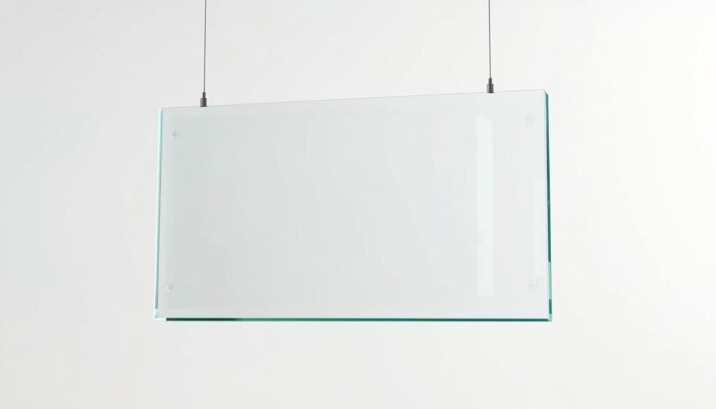 A highly detailed, photorealistic image of a sheet of sicherheitsglas (safety glass) suspended against a plain white background, illuminated by soft, diffused lighting from the side. The glass appears to be thick, clear, and unblemished, with a slight reflective sheen. The surface of the glass is flawless, allowing the viewer to see through it clearly. The edges of the glass are cleanly cut and polished. The overall composition emphasizes the material properties and technical qualities of the sicherheitsglas, showcasing its durability, transparency, and high-quality craftsmanship.