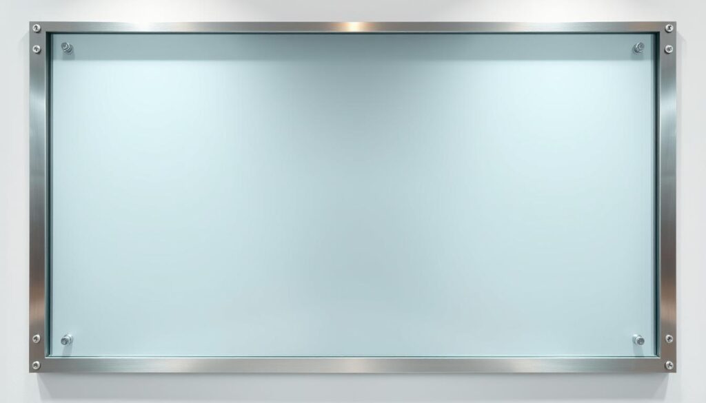 A highly reflective, tempered safety glass panel in a sleek, minimalist design. The glass appears seamless, with a smooth, glossy surface that catches the light and creates a sense of depth and dimensionality. The edges are neatly finished, showcasing the precision and quality of the manufacturing process. The glass is mounted in a sturdy, brushed stainless steel frame, creating a harmonious and visually appealing contrast between the transparency of the glass and the solidity of the metal. The composition is lit from multiple angles, highlighting the material's inherent strength and durability, as well as its ability to transmit and refract light in a captivating way. The overall atmosphere is one of modern, high-end design and engineering excellence. A highly reflective, tempered safety glass panel in a sleek, minimalist design. The glass appears seamless, with a smooth, glossy surface that catches the light and creates a sense of depth and dimensionality. The edges are neatly finished, showcasing the precision and quality of the manufacturing process. The glass is mounted in a sturdy, brushed stainless steel frame, creating a harmonious and visually appealing contrast between the transparency of the glass and the solidity of the metal. The composition is lit from multiple angles, highlighting the material's inherent strength and durability, as well as its ability to transmit and refract light in a captivating way. The overall atmosphere is one of modern, high-end design and engineering excellence.