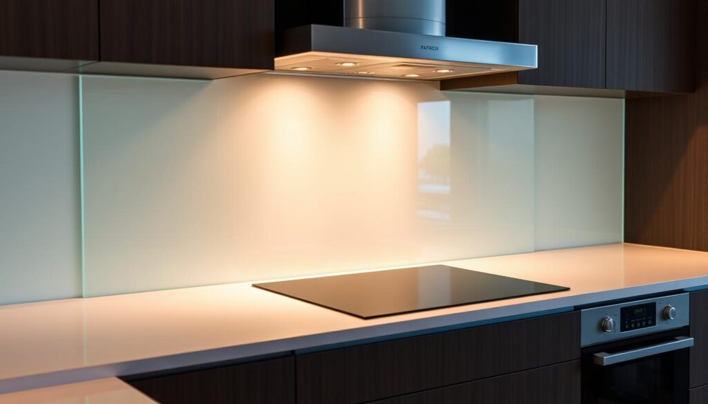 A kitchen backsplash made of tempered glass, its surface meticulously cut and polished to a smooth, seamless finish. The glass panel stands tall, reflecting the warm, ambient lighting that illuminates the modern kitchen. The edges have been precisely trimmed, creating a clean, architectural look that blends effortlessly with the surrounding cabinetry and appliances. The backsplash appears to be custom-fitted, perfectly aligning with the contours of the countertop and wall, creating a cohesive, high-quality installation. The overall impression is one of a thoughtfully designed, functional, and visually striking kitchen feature.