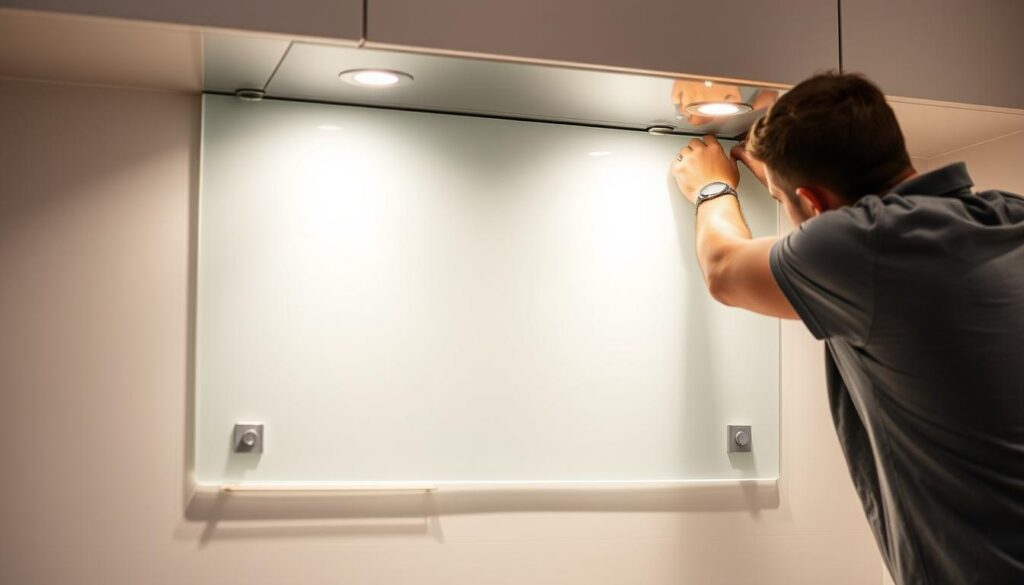 A kitchen glass backsplash being professionally installed. Bright, soft lighting illuminates the sleek, frameless glass panel as a skilled technician carefully mounts it onto the wall, ensuring a seamless, flush fit. The glass appears crystal clear, with a subtle, high-end sheen. The camera captures the installation process from a low, slightly elevated angle, showcasing the technician's precise movements and the pristine, minimalist aesthetic of the glass backsplash. The overall mood is one of modern, elegant design and meticulous craftsmanship.