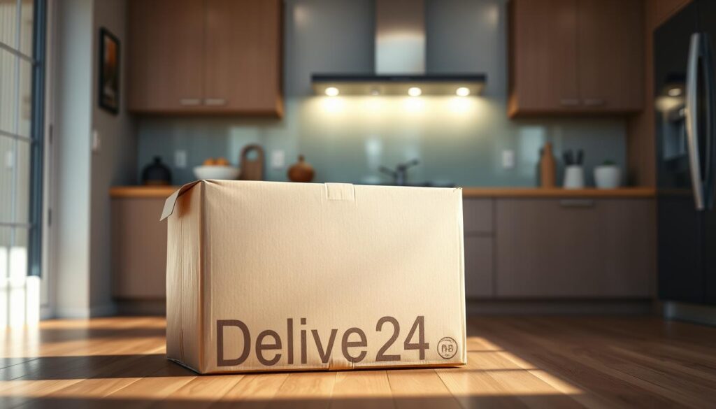 A large cardboard box in the foreground, freshly delivered and ready to be opened, sitting on a wooden floor. Sunlight streams in through a nearby window, casting a warm glow on the box. In the middle ground, a sleek, modern kitchen with a custom glass backsplash shines, hinting at the high-quality product about to be unveiled. The background is softly blurred, emphasizing the focus on the delivery experience. The scene conveys a sense of anticipation and satisfaction, reflecting the ease of ordering and receiving a personalized kitchen feature from Glastuerhop24.