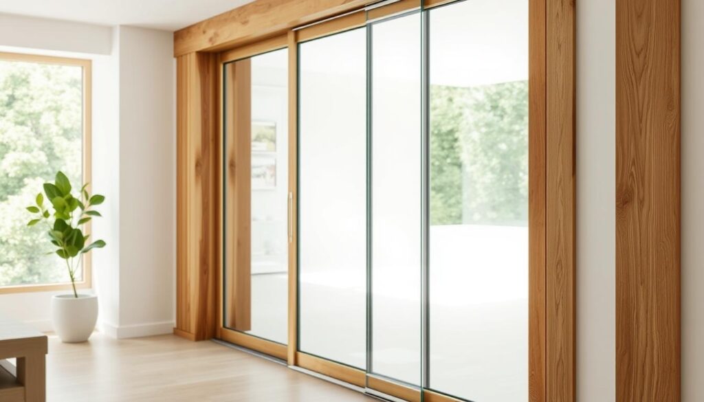 A large, contemporary glass sliding door in a minimalist wood frame, framed by a bright, airy room with natural light flooding in. The glass panel is sleek and seamless, reflecting the surrounding space. The door glides effortlessly on a high-quality rail system, with a subtle soft-close mechanism for a smooth, quiet operation. The hardware is made of brushed metal, complementing the natural wood tones. The scene conveys a sense of sophistication, functionality, and attention to detail - a perfect balance of form and function for an elegant, modern home. A large, contemporary glass sliding door in a minimalist wood frame, framed by a bright, airy room with natural light flooding in. The glass panel is sleek and seamless, reflecting the surrounding space. The door glides effortlessly on a high-quality rail system, with a subtle soft-close mechanism for a smooth, quiet operation. The hardware is made of brushed metal, complementing the natural wood tones. The scene conveys a sense of sophistication, functionality, and attention to detail - a perfect balance of form and function for an elegant, modern home.