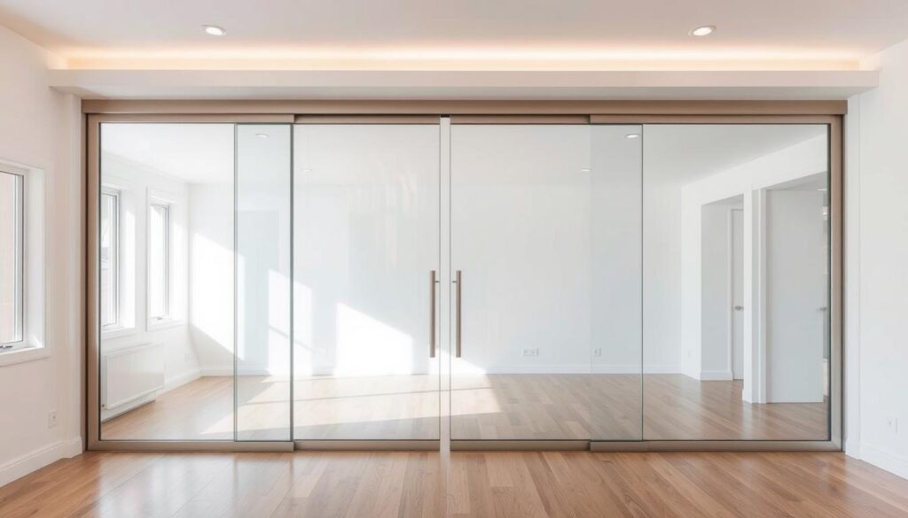 A large, contemporary glass sliding door made of high-quality tempered safety glass, framed in a sleek, minimalist metal finish. The glass panels appear seamless, with a crystal-clear transparency that allows natural light to flow effortlessly into the space. Soft, diffused lighting from overhead fixtures creates a warm, inviting atmosphere, while the smooth, sliding mechanism operates with precision. The overall design exudes a sense of modern elegance and functionality, perfectly suited for a lightly furnished, open-concept room with white walls and hardwood floors. A large, contemporary glass sliding door made of high-quality tempered safety glass, framed in a sleek, minimalist metal finish. The glass panels appear seamless, with a crystal-clear transparency that allows natural light to flow effortlessly into the space. Soft, diffused lighting from overhead fixtures creates a warm, inviting atmosphere, while the smooth, sliding mechanism operates with precision. The overall design exudes a sense of modern elegance and functionality, perfectly suited for a lightly furnished, open-concept room with white walls and hardwood floors.