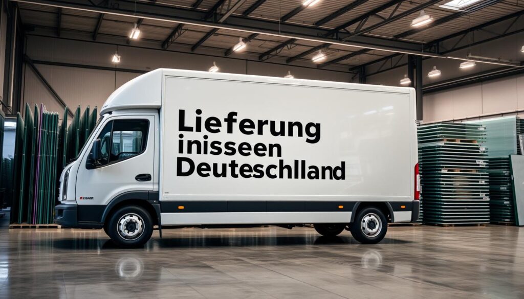 A large delivery van parked in a neatly arranged warehouse, its side panel displaying the "Lieferung innerhalb Deutschlands" message in bold, modern typography. The van is surrounded by carefully stacked glass panels of various sizes, reflecting the bright, diffused lighting from overhead fixtures. The scene conveys a sense of efficiency, reliability, and attention to detail, setting the stage for a seamless and well-coordinated delivery experience. The overall composition emphasizes the availability and accessibility of the glass products, ready to be shipped across Germany.