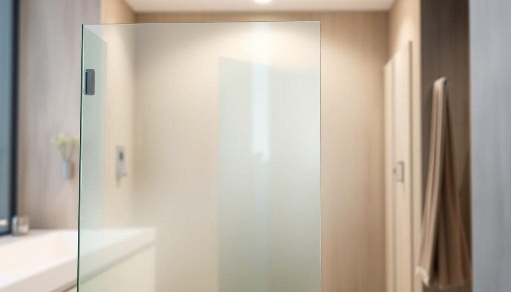 A large, elegant glass panel stands prominently in the foreground, its sleek, modern design reflecting the light from a softly diffused overhead source. The glass appears to be tempered, with a subtle frosted or satin finish that gives it a refined, high-quality appearance. The panel is angled slightly, creating a sense of depth and dimension within the frame. In the middle ground, the glass panel is seamlessly integrated into a foldable, modular duschwand (shower wall) system, showcasing its versatility and adaptability for use in a variety of bathroom settings. The background is slightly blurred, emphasizing the focal point of the glass panel and its technical specifications. The overall mood is one of sleek, minimalist elegance, perfectly suited to illustrate the details of a high-quality, customizable shower enclosure system.