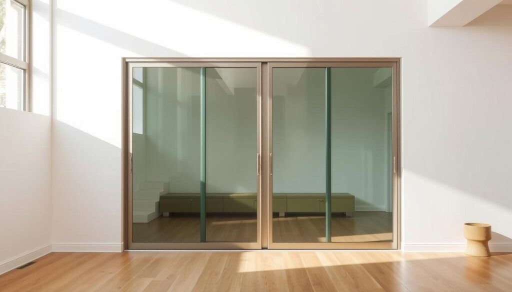 A large, modern glass sliding door set in a bright, airy room. The glass panels are seamlessly integrated, creating a sense of openness and flow between the interior and exterior spaces. Soft, natural lighting filters through the glass, casting a warm glow and accentuating the clean, minimalist design. The door's sleek, minimalist frame in a brushed metal finish adds a touch of sophistication. The sliding mechanism operates smoothly, enabling effortless movement and maximizing the available floor space. The overall effect is one of elegance, functionality, and a connection to the outdoors, perfectly suited for a light-filled, contemporary living area. A large, modern glass sliding door set in a bright, airy room. The glass panels are seamlessly integrated, creating a sense of openness and flow between the interior and exterior spaces. Soft, natural lighting filters through the glass, casting a warm glow and accentuating the clean, minimalist design. The door's sleek, minimalist frame in a brushed metal finish adds a touch of sophistication. The sliding mechanism operates smoothly, enabling effortless movement and maximizing the available floor space. The overall effect is one of elegance, functionality, and a connection to the outdoors, perfectly suited for a light-filled, contemporary living area.