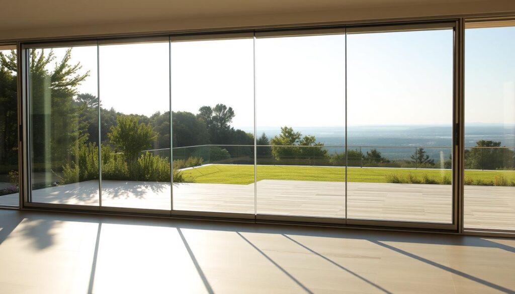 A large, modern glass sliding door system spanning a sprawling outdoor terrace, bathed in warm afternoon sunlight. The frameless, floor-to-ceiling panels glide smoothly along sleek aluminum tracks, seamlessly blending the indoor and outdoor spaces. Lush greenery and a distant horizon visible through the expansive transparent expanse. The tempered glass panels reflect the surrounding landscape, creating a sense of weightlessness and expansive openness. Subtle, minimalist hardware accents the clean, contemporary design aesthetic. A masterful integration of form and function, this "glasschiebewand" embodies the essence of open-air living and connection with nature.
