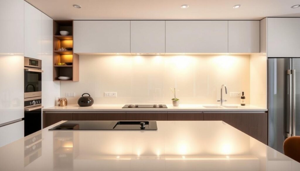 A large, modern kitchen with a sleek, customized glass splash guard that seamlessly blends into the clean, minimalist design. The glass panel, precisely fitted to the countertop, creates a seamless, high-quality barrier against water and oil splatters, effortlessly protecting the wall behind. Soft, warm lighting from above illuminates the kitchen, casting a cozy, inviting glow. The glass surface reflects the surrounding cabinetry and appliances, creating a sense of depth and visual interest. The overall scene conveys a sense of functionality, style, and attention to detail, perfectly suited for the "Individuell nach Ihren Maßen: passgenauer Spritzschutz für Küche" section. A large, modern kitchen with a sleek, customized glass splash guard that seamlessly blends into the clean, minimalist design. The glass panel, precisely fitted to the countertop, creates a seamless, high-quality barrier against water and oil splatters, effortlessly protecting the wall behind. Soft, warm lighting from above illuminates the kitchen, casting a cozy, inviting glow. The glass surface reflects the surrounding cabinetry and appliances, creating a sense of depth and visual interest. The overall scene conveys a sense of functionality, style, and attention to detail, perfectly suited for the "Individuell nach Ihren Maßen: passgenauer Spritzschutz für Küche" section.