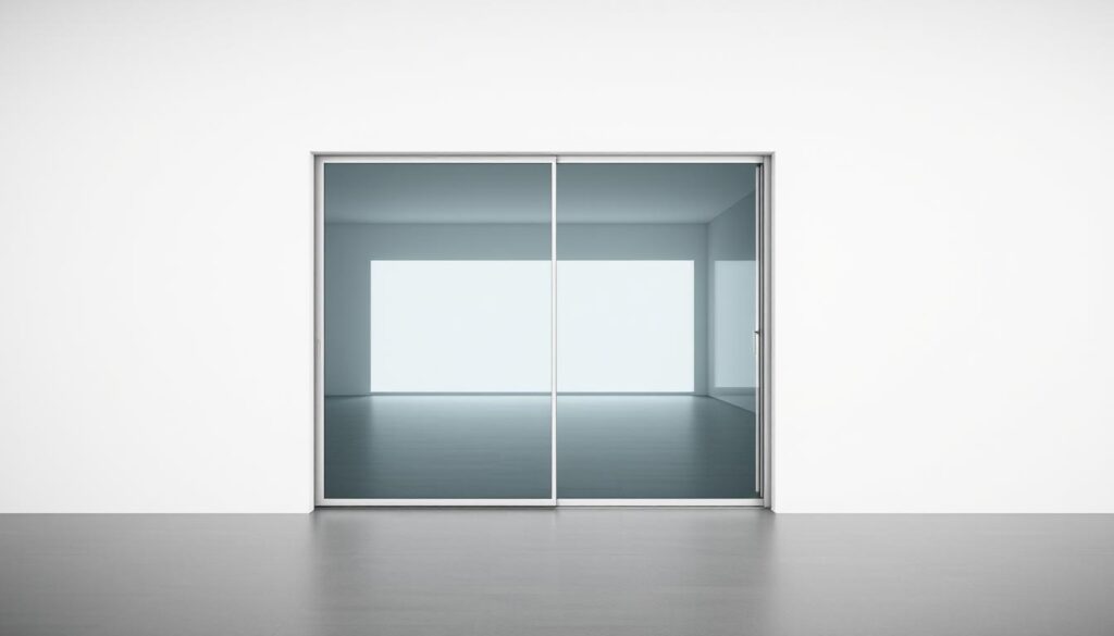 A large, modern sliding door effortlessly gliding along a minimalist wall, its sleek glass panels reflecting the ambient light. The frame seamlessly integrates with the surrounding architecture, creating a harmonious, unobtrusive transition between spaces. The door's motion is smooth and controlled, hinting at the innovative engineering behind its design. The entire scene exudes a sense of refined elegance and functionality, perfectly encapsulating the "Schiebetüre" concept of elegant, space-saving solutions for the modern home.