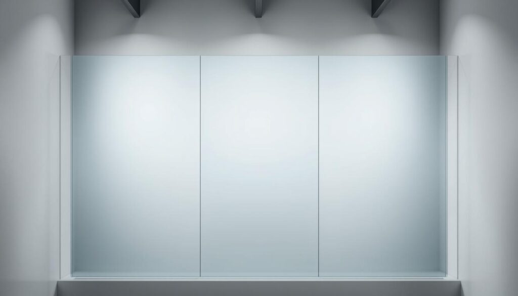 A large, rectangular glass panel, with a smooth, flawless surface and a subtle, translucent quality. The glass is positioned in a minimalist, industrial-style bathroom setting, bathed in soft, diffused lighting that creates a serene, calming atmosphere. The panel is mounted in a sleek, metal frame, its edges precisely cut and polished to a gleaming finish. The overall composition exudes a sense of understated elegance and modern sophistication, perfectly capturing the essence of the "Klarglas" (clear glass) design option.