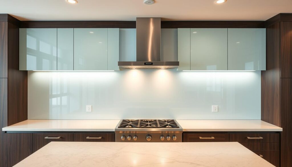 A large, well-lit kitchen interior with a seamless glass backsplash covering the entire rear wall. The glass surface is perfectly smooth and reflective, creating a sleek, modern aesthetic. The backsplash extends from the countertop to the upper cabinets, providing a continuous protective barrier against splashes and stains. Bright, even lighting casts a warm glow across the glass, highlighting its transparency and lustrous finish. The kitchen features high-end stainless steel appliances, dark wood cabinetry, and a contrasting light countertop that complements the glass backsplash. The overall scene conveys a sense of functionality, sophistication, and attention to detail in the kitchen design.