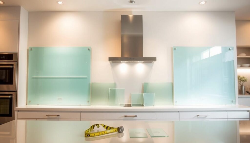 A large, well-lit kitchen showroom, with a prominent display of custom glass backsplash panels in various sizes and shapes. The panels are presented on a sleek, minimalist display stand, allowing the viewer to clearly see the breadth of customization options available. Soft, diffused lighting from above casts a warm glow, highlighting the glass's clarity and the precision of the custom cuts. In the foreground, a tape measure and a few sample pieces sit, emphasizing the made-to-measure nature of the product. The overall scene conveys a sense of quality, attention to detail, and the ability to tailor the kitchen backsplash to the homeowner's exact specifications.