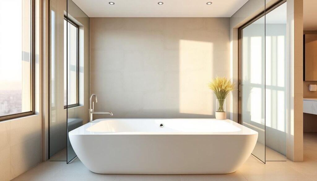 A luxurious, contemporary bathtub nestled in a well-lit, spacious bathroom. The tub is crafted from pristine white porcelain, its smooth, sleek surface catching the warm, diffused light from large windows. Minimalist, frameless glass panels flank the tub, creating a seamless, high-quality enclosure. The bathroom is finished with modern, high-end tiles in a soothing neutral palette, complementing the clean, elegant aesthetic. A sense of tranquility and relaxation permeates the scene, inviting the viewer to imagine a soothing, spa-like experience. A luxurious, contemporary bathtub nestled in a well-lit, spacious bathroom. The tub is crafted from pristine white porcelain, its smooth, sleek surface catching the warm, diffused light from large windows. Minimalist, frameless glass panels flank the tub, creating a seamless, high-quality enclosure. The bathroom is finished with modern, high-end tiles in a soothing neutral palette, complementing the clean, elegant aesthetic. A sense of tranquility and relaxation permeates the scene, inviting the viewer to imagine a soothing, spa-like experience.