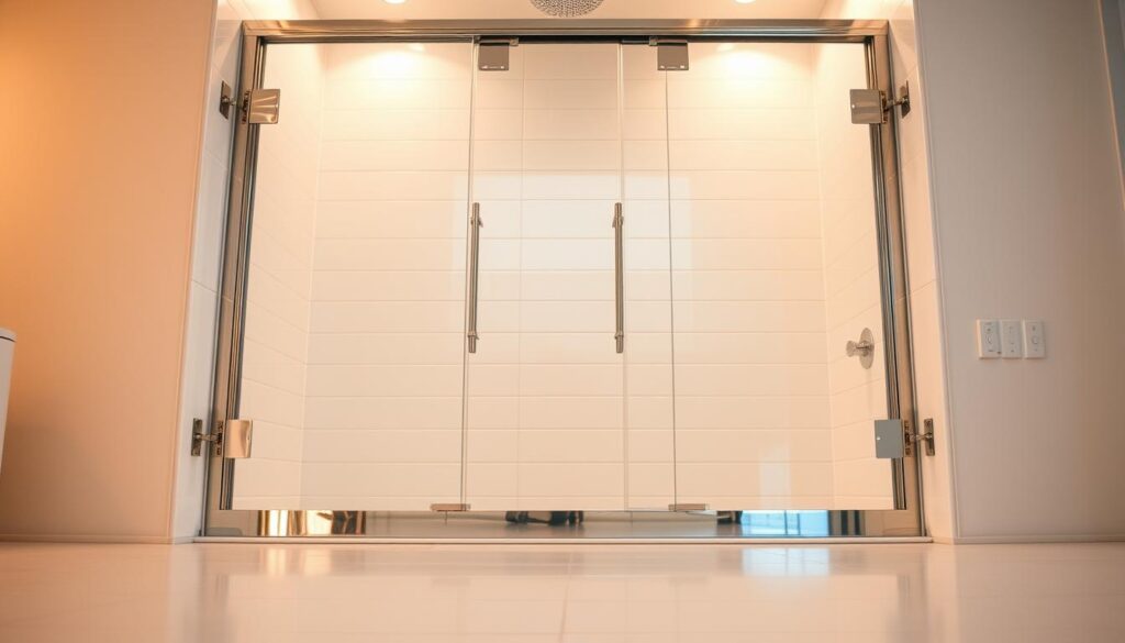 A luxurious glass shower door, its surface gleaming with a sleek, minimalist design. The door's tempered glass panels reflect the warm, soft lighting, casting a subtle glow throughout the spacious bathroom. The glass is thick and sturdy, providing a sense of security and elegance. The door's frame is made of polished chrome, seamlessly integrated into the overall aesthetic. The entire setup is positioned against a backdrop of clean, white tiles, creating a harmonious and spa-like atmosphere. The camera captures the door from a low angle, emphasizing its grandeur and the attention to detail in the craftsmanship. A luxurious glass shower door, its surface gleaming with a sleek, minimalist design. The door's tempered glass panels reflect the warm, soft lighting, casting a subtle glow throughout the spacious bathroom. The glass is thick and sturdy, providing a sense of security and elegance. The door's frame is made of polished chrome, seamlessly integrated into the overall aesthetic. The entire setup is positioned against a backdrop of clean, white tiles, creating a harmonious and spa-like atmosphere. The camera captures the door from a low angle, emphasizing its grandeur and the attention to detail in the craftsmanship.