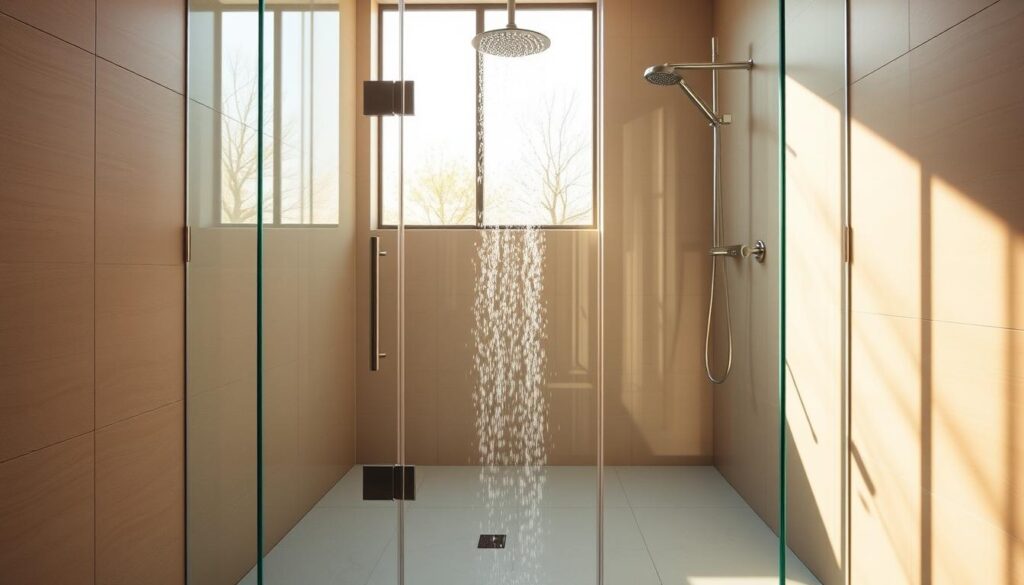 A luxurious glass shower enclosure, bathed in warm, natural light that filters through large windows. The frameless glass panels seamlessly blend with the sleek, minimalist tiles, creating an illusion of spaciousness and elegance. Soft shadows play across the surface, highlighting the clarity and purity of the glass. The showerhead cascades water in a gentle, soothing flow, inviting the viewer to step inside and experience the tranquility of this serene, spa-like environment. The overall atmosphere is one of refined sophistication, where the glass shower serves as the centerpiece, effortlessly transforming the bathroom into a haven of relaxation and well-being. A luxurious glass shower enclosure, bathed in warm, natural light that filters through large windows. The frameless glass panels seamlessly blend with the sleek, minimalist tiles, creating an illusion of spaciousness and elegance. Soft shadows play across the surface, highlighting the clarity and purity of the glass. The showerhead cascades water in a gentle, soothing flow, inviting the viewer to step inside and experience the tranquility of this serene, spa-like environment. The overall atmosphere is one of refined sophistication, where the glass shower serves as the centerpiece, effortlessly transforming the bathroom into a haven of relaxation and well-being.