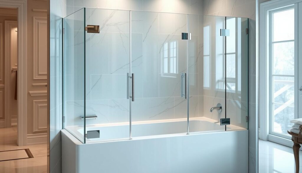 A luxurious, high-quality bathtub enclosure with a sleek, frameless glass design. The enclosure seamlessly integrates with the bathtub, creating a modern, minimalist aesthetic. The tempered glass panels are meticulously crafted, offering a crystal-clear view and easy accessibility. Subtle chrome hardware accents the clean lines, exuding a sense of sophistication. Soft, indirect lighting illuminates the scene, casting a warm, inviting glow. The enclosure is positioned in a spacious, well-appointed bathroom, with elegant tile work and tasteful decor. An ideal solution for transforming a standard bathtub into a luxurious, walk-in shower experience. A luxurious, high-quality bathtub enclosure with a sleek, frameless glass design. The enclosure seamlessly integrates with the bathtub, creating a modern, minimalist aesthetic. The tempered glass panels are meticulously crafted, offering a crystal-clear view and easy accessibility. Subtle chrome hardware accents the clean lines, exuding a sense of sophistication. Soft, indirect lighting illuminates the scene, casting a warm, inviting glow. The enclosure is positioned in a spacious, well-appointed bathroom, with elegant tile work and tasteful decor. An ideal solution for transforming a standard bathtub into a luxurious, walk-in shower experience.