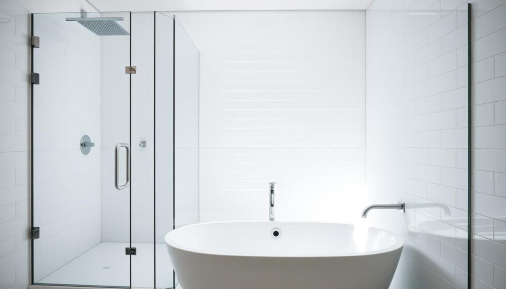 A luxurious walk-in shower enclosure, crafted with sleek, frameless glass panels that seamlessly blend with a modern freestanding bathtub. The glass surfaces are gently curved, creating a sense of fluid elegance. Bright, natural light filters through the transparent panels, illuminating the pristine white tiles that line the walls and floor. The metal fixtures, such as the shower head and faucet, gleam with a polished chrome finish, complementing the overall minimalist aesthetic. The scene exudes a spa-like ambiance, inviting the viewer to envision a relaxing, high-end bathroom experience. A luxurious walk-in shower enclosure, crafted with sleek, frameless glass panels that seamlessly blend with a modern freestanding bathtub. The glass surfaces are gently curved, creating a sense of fluid elegance. Bright, natural light filters through the transparent panels, illuminating the pristine white tiles that line the walls and floor. The metal fixtures, such as the shower head and faucet, gleam with a polished chrome finish, complementing the overall minimalist aesthetic. The scene exudes a spa-like ambiance, inviting the viewer to envision a relaxing, high-end bathroom experience.